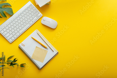 Office desk workspace on bright color yellow background. Office table Work space layout with computer keyboard, plant mouse notepad notes and copy space. Top view office table with palm plant.