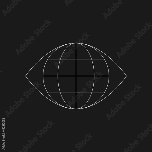 Retrofuturistic planet inside the eye. Cyberpunk of 80s geometry. Digital shape. World conspiracy concept. Design element for poster, cover, merch in retrowave style. Vector