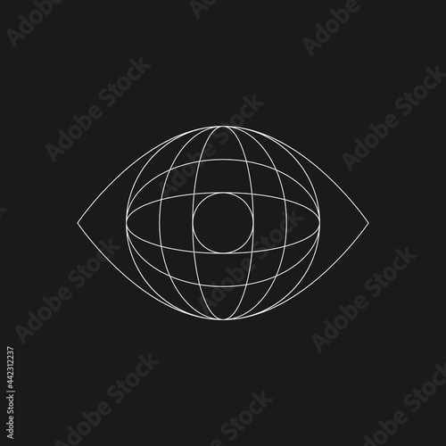 Retrofuturistic Cyberpunk geometry. Cyber planet inside the eye. Digital 80s shape. World conspiracy concept. Design element for poster, cover, merch in retrowave style. Vector