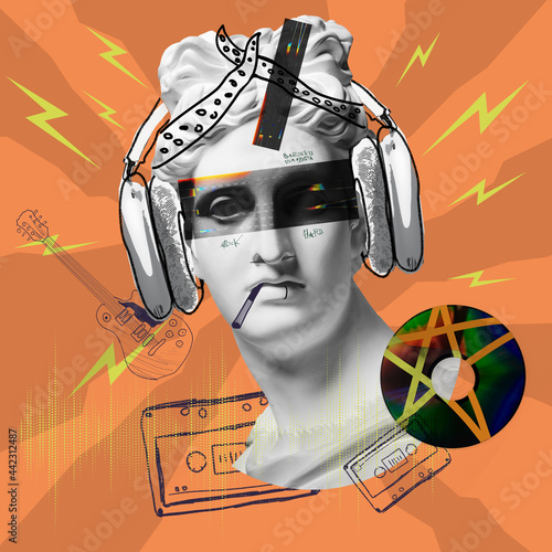 Contemporary art collage with antique statue head in a surreal style. Music, party concept. Drawings