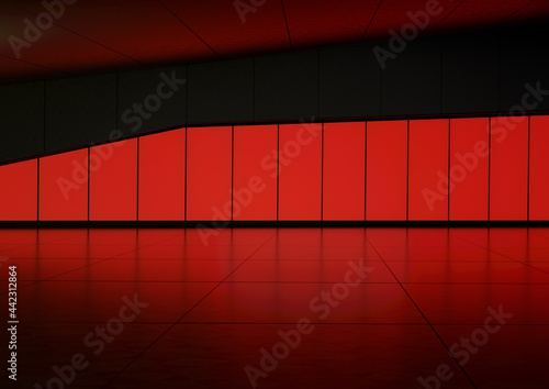 The empty red scene with glass frame With Reflection on floor