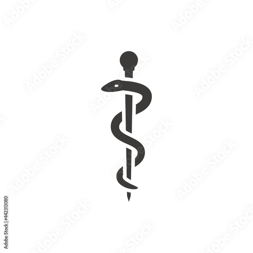 Rod of aesculapius or asclepius black vector icon. First aid snake symbol.