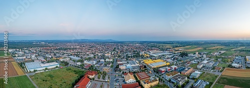 Drone panorama over German village Griesheim near Darmstadt in southern Hesse in the evening