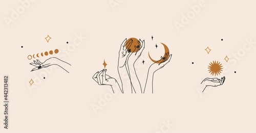 Hand drawn vector abstract stock flat graphic illustration with logo element,bohemian magic line art of woman hand,crescent,star and moon phase in simple style for branding,feminine astrology concept.