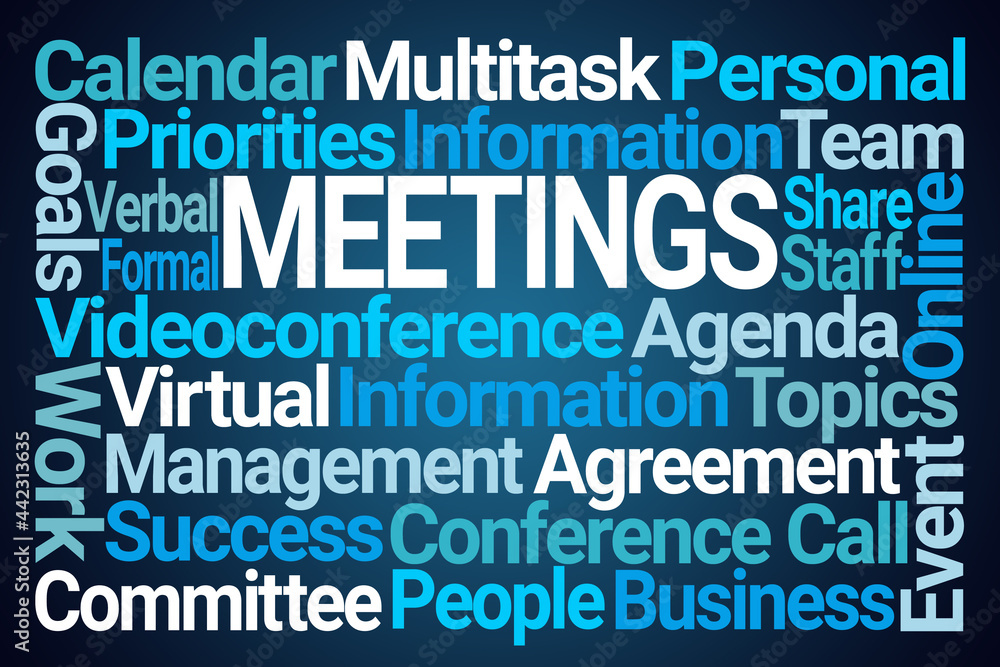 Meetings Word Cloud on Blue Background