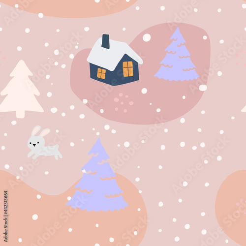 Fototapeta Naklejka Na Ścianę i Meble -  Seamless winter pattern with house, rabbit and trees. Background for banner, wrapping paper, greeting cards, seasonal design.