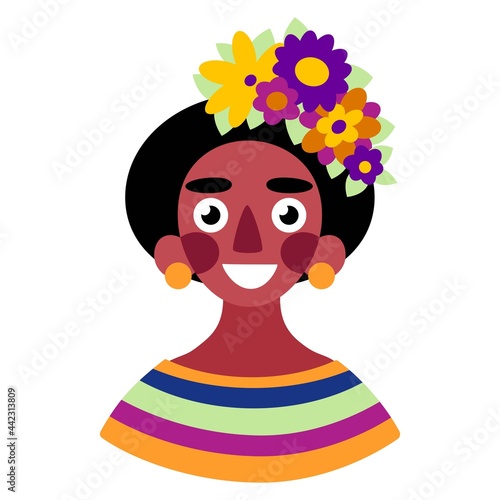 Beautiful African woman with flowers in hair white isolated vector illustration. Bright happy dark-skinned young woman in summer tropical style vector