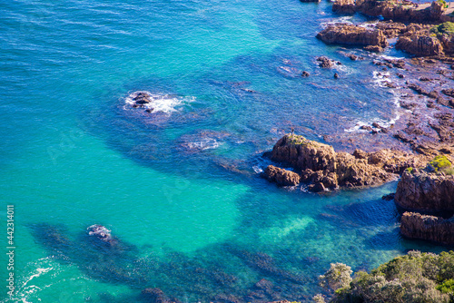 Fototapeta Naklejka Na Ścianę i Meble -  Crystal clear ocean water with rocks protruding from the water at the Knysna Lagoon, South Africa