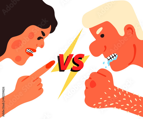 Conflict in a couple of men and women shouting at each other. Family quarrel, fight, anger. The concept of confrontation and aggression in a pair. Vector illustration, versus in cartoon style