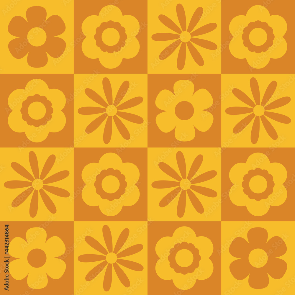 Foto auf Acrylglas mit Mutiges, gelbes und orangefarbenes nahtloses Vektormuster. Von den 1970er Jahren inspiriertes Design mit geometrisch gekachelten Blumen. Siebziger-Stil, Retro, Vintage, abstrakter floraler Hintergrund, Tapetentextur, grafischer Kunstdruck. #442314864