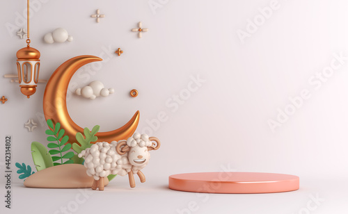 Eid al adha islamic decoration display podium background with goat sheep arabic crescent lantern, ramadan kareem, mawlid, iftar, isra  miraj, eid al fitr, muharram, copy space text, 3D illustration