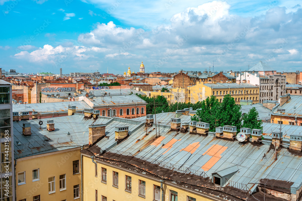 Panoramic view of the city and the beautiful roofs of the city on a sunny day. Saint Petersburg, Russia - 26 June 2021