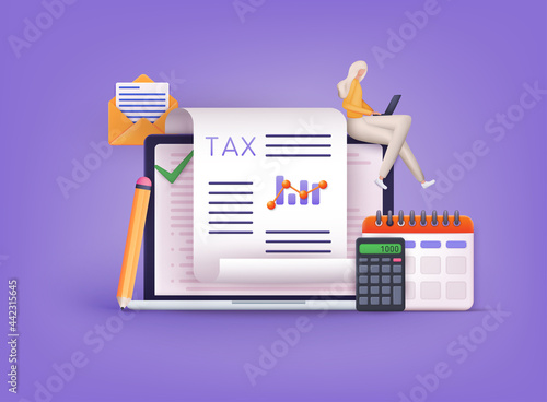 Online Tax payment. Filling tax form. Calendar show Tax Payment Date. Accounting and Financial Management Concept. 3D Web Vector Illustrations.