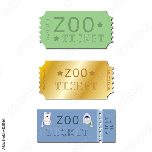 Zoo ticket. Tickets, admit one ticket. Vector illustration. Tickets set.