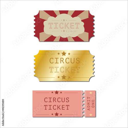 Circus ticket. Tickets, admit one ticket. Vector illustration. Tickets set.