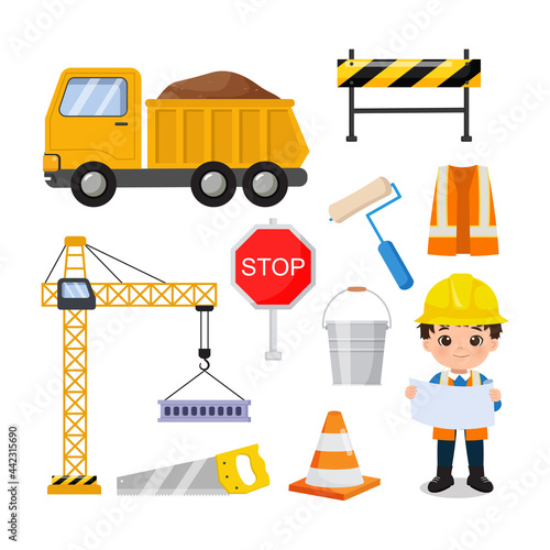 Set of reconstruction elements. Cute engineer boy. Flat vector cartoon design