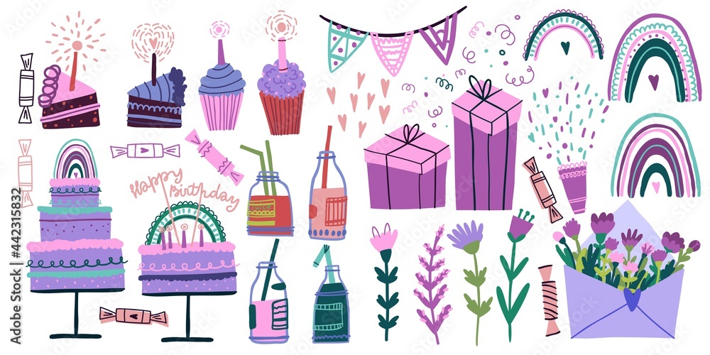 big set for celebration with birthday cakes, drink bottles, flags, candies, flowers, gifts, cake pieces and cupcakes. flat colorful illustration isolated on white background.