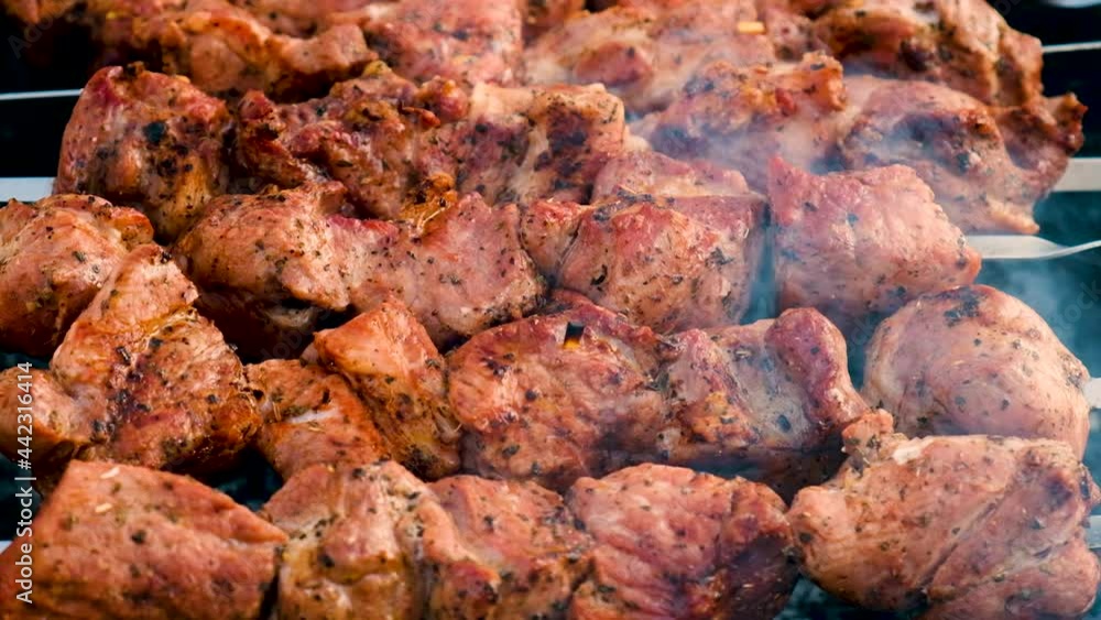 Shashlik meat to fry on skewers. Selective focus. Shashlik meat to fry on skewers. Selective focus.