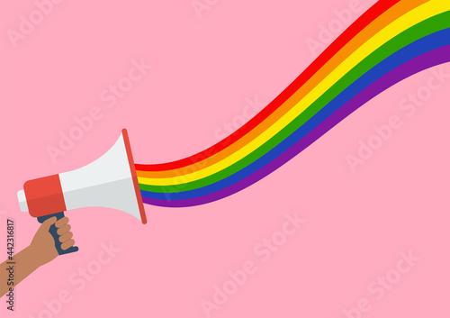People hold megaphone with lgbt rainbow