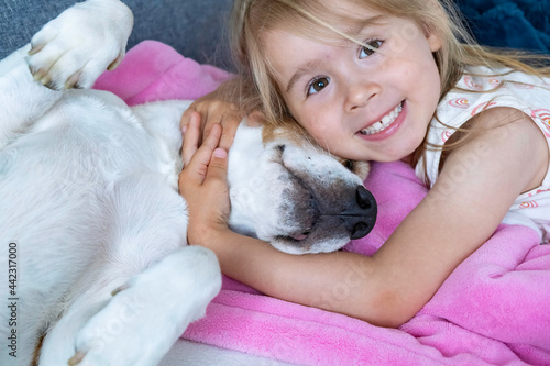 Happy Child cuddle a beagle dog best friend on sofa. Dog and kids concept
