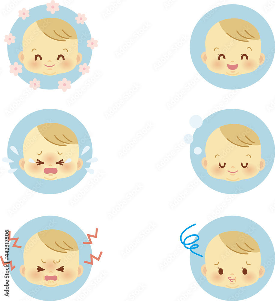 イラスト素材:かわいい赤ちゃんが喜怒哀楽の表情を見せるアイコンマークシリーズ　主線なし2
