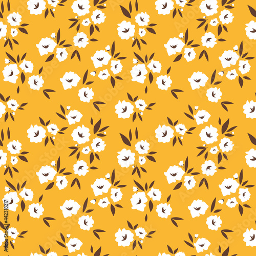 Seamless Pattern in Floral Style. Small Flowers on Yellow Background. Vector Illustration