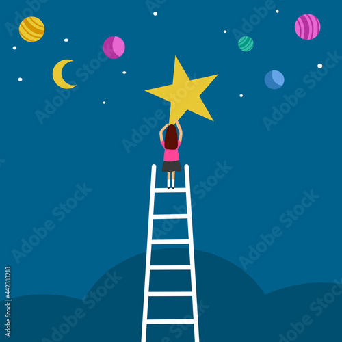 Lady climbing stair ladder to reach the star in flat design. Wish and hope to success.