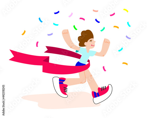 Happy Winner. Runner crossing the finish line with red ribbon. Finisher of marathon with confetti. Man is jogging. Successful person in life.