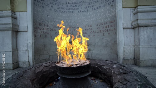 Close up of the eternal flame (Vječna vatra) - memorial to the military and civilian victims of the Second World War on Ferhadija street in Sarajevo. Bosnia and Herzegovina photo