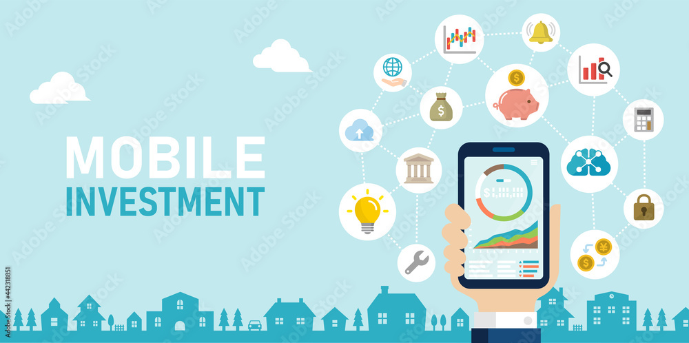 Movile investment ( robot advisor, fin tech apps ) vector banner illustration