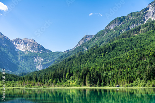 Panoramic view of the so-called "Jagersee" (hunters lake) in the Salzburg Alpine Mountains in Austria