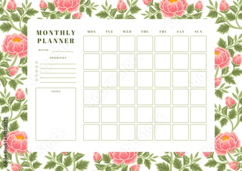 Printable vintage floral monthly planner vector template with rose, peony flowers and botanical leaf illustration elements for school scheduler, seasonal events, reminder, bullet journal