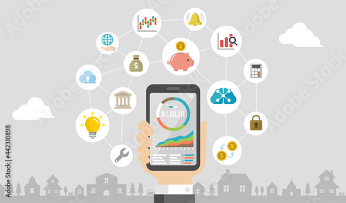 Mobile investment ( robot advisor, fin tech apps ) vector banner illustration