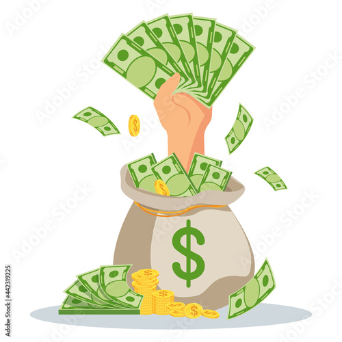 Hand with money sticks out of a bag of money.