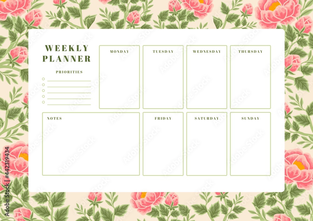Printable vintage floral weekly planner vector template with rose ...