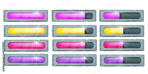 Game progress bar vector cartoon icon collection on white, UI life energy design elements set. Load buttons collection, health power score mobile app clipart. Game point bar interface illustration