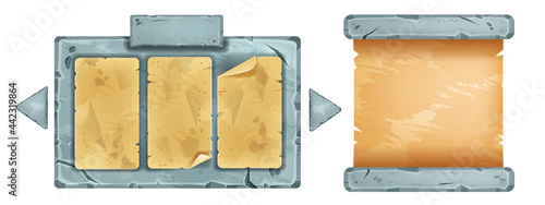Vector stone sign board menu, game UI paper sheet, cracked rock frame illustration isolated on white. User interface design object, ancient papyrus clipart, square boulder panel. Sign board tablet