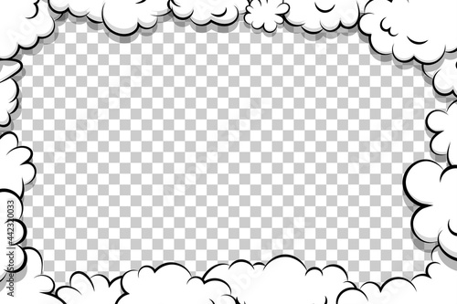 Comic book cartoon speech bubble for text. Cartoon puff cloud template on transparent background for text. Pop art dialog conversation funny smoke steam. Comics explosion symbol.