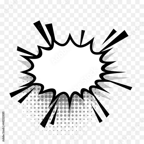 Comics speech bubble for text pop art design. White empty dialog cloud for text message halftone shadow. Comics sketch explosion star splash comic book text. Wow effect cartoon vector elements