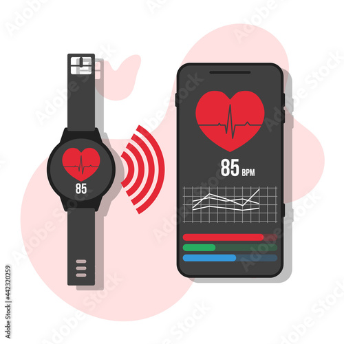 fitness or health tracker with heart beats pulse indicator connected to smartphone, flat vector illustration