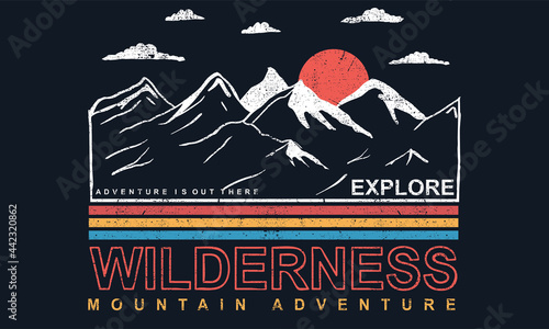Wilderness mountain vector design.
Adventure is out there explore artwork.
retro summer camp print for fashion and others.
