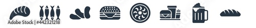 food filled icons. glyph vector icons such as loaf of bread, jar of beer, drive through, yusheng, burguer, bean, sardines sign isolated on white background.