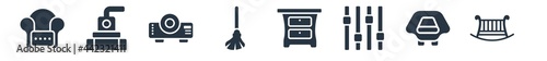 furniture and household filled icons. glyph vector icons such as baby cot, lounge chair, fader, drawer chest, cleaned, ceremonial, chiller sign isolated on white background.