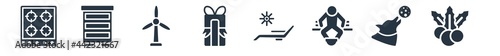 general filled icons. glyph vector icons such as mistletoe leaves, wolf howling, poverty, deckchair, birthday present, renewable energy label, office cabinet sign isolated on white background.