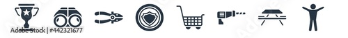 general filled icons. glyph vector icons such as man with open arms, picnic table with basket, perforator, shopping trolley, insurance with a button, nippers, binocular sign isolated on white