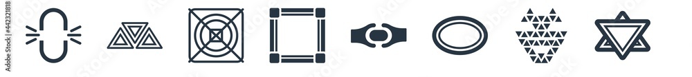 geometry filled icons. glyph vector icons such as sri yantra, polygonal wolf head, oval, joint, rectangle, grids, triple triangle sign isolated on white background. geometry filled icons. glyph vector icons such as sri yantra, polygonal wolf head, oval, joint, rectangle, grids, triple triangle sign isolated on white background.