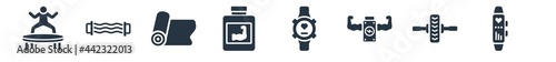 gym and fitness filled icons. glyph vector icons such as sport watch, fitness wheel, fitness drink, training watch, phytonutrients, mat for resistance sign isolated on white background.