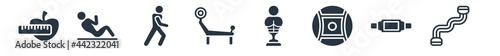 gym and fitness filled icons. glyph vector icons such as resistance band, fitness belt, fitness ball, boxing mannequin, bench press weightlifting, stretching leg exercise, abdominal exercises sign