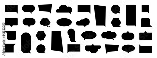 Speech bubble black icon set. Isolated empty talk bubbles sign on white background. Blank speech balloon on comics style. Abstract communication symbols. Vector illustration silhouette.