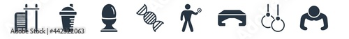 gym and fitness filled icons. glyph vector icons such as push up, gymnastic rings, fitness step, lifting weight with right arm, protein, fitness food, protein shake sign isolated on white